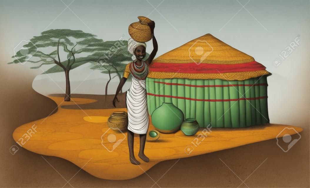 Illustration with an African woman carrying a pot