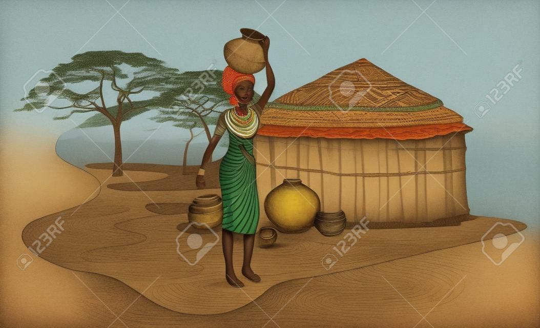 Ilustración de una mujer africana cargando una olla