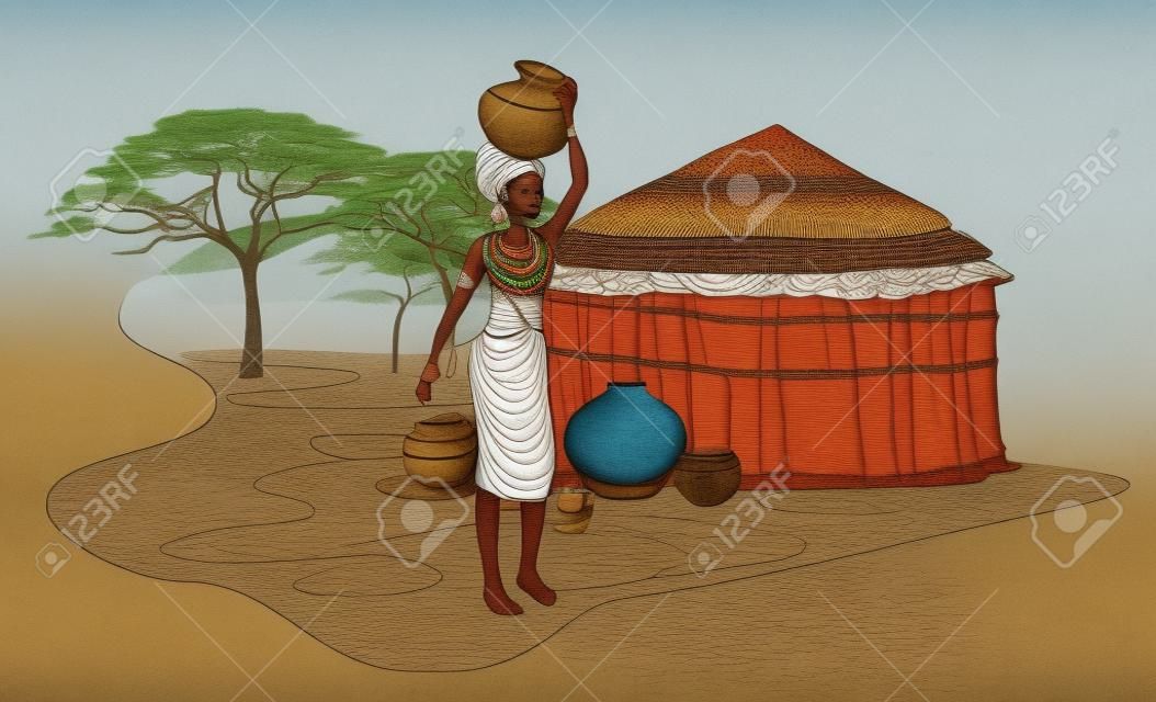 Illusztráció egy afrikai nő, kezében egy bankot
