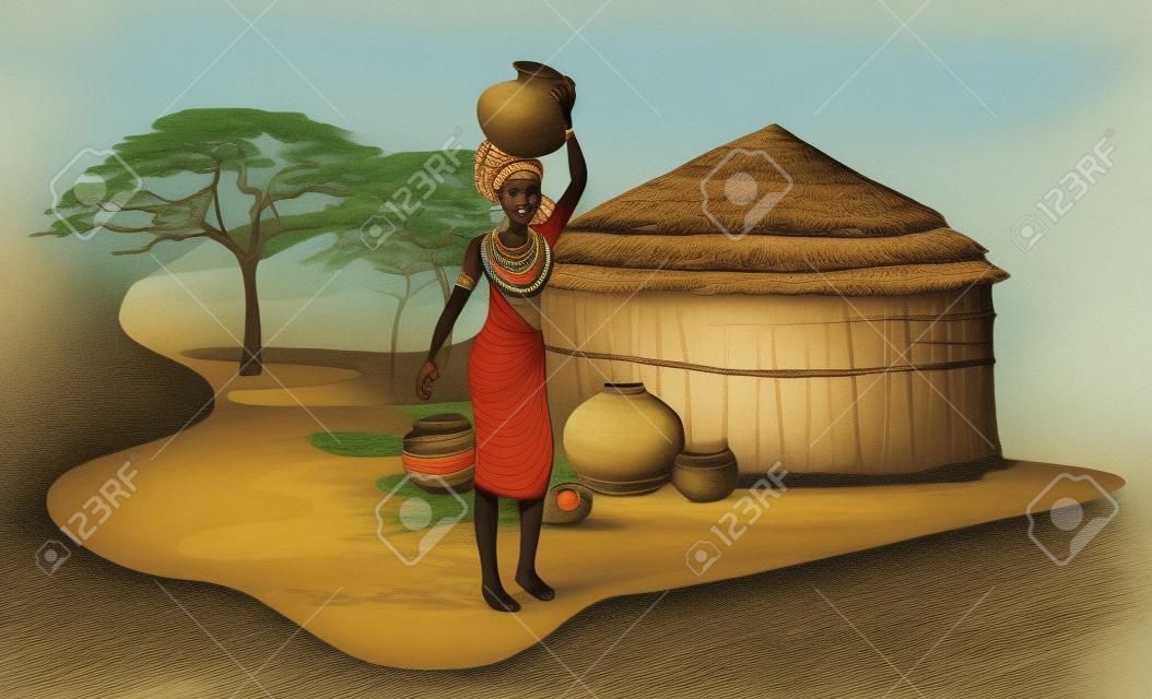 Illustration with an African woman carrying a pot