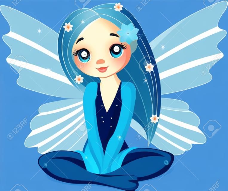 Vector Illustration of cute blue sitting little fairy 