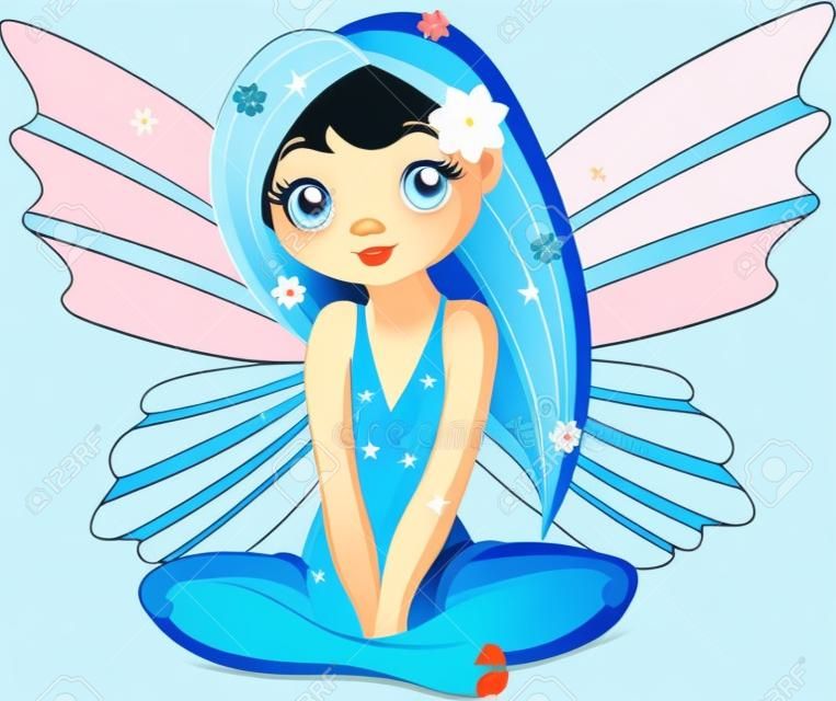 Vector Illustration of cute blue sitting little fairy 