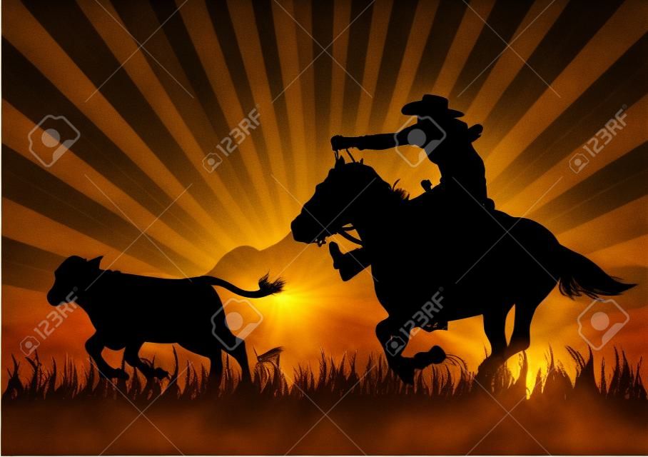 A silhouette of a cowboy roping a calf