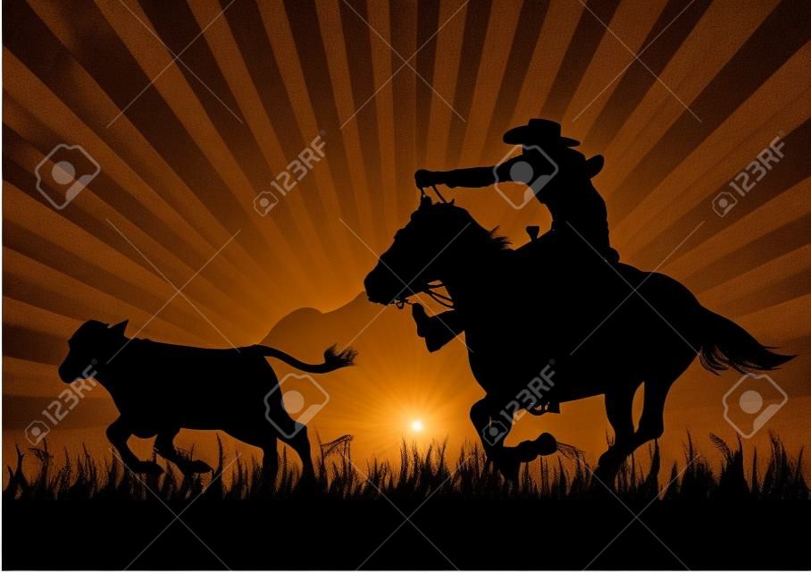 A silhouette of a cowboy roping a calf