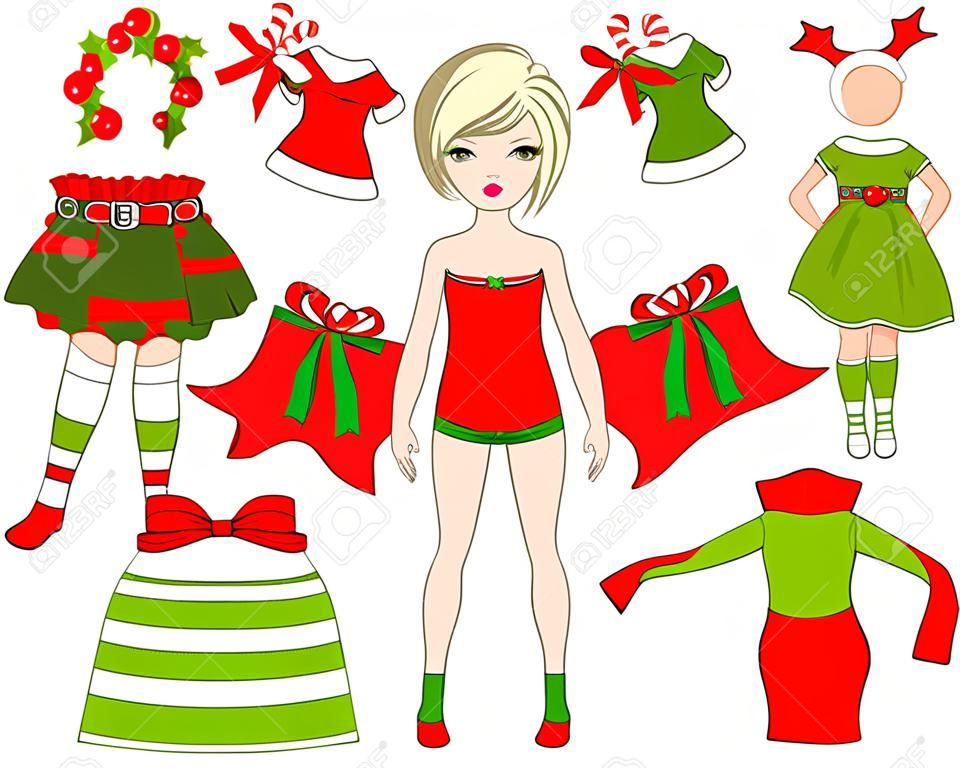 Boneca de papel com diferentes vestidos de Natal