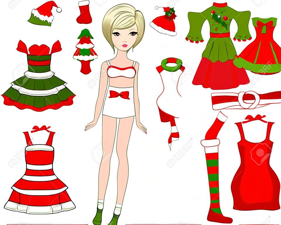 Boneca de papel com diferentes vestidos de Natal