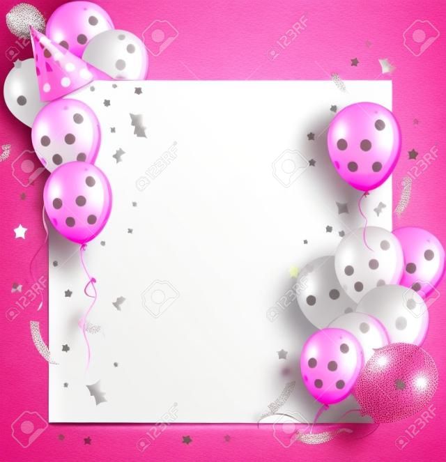 粉红色的生日卡，气球帽子和大量的复制空间。
