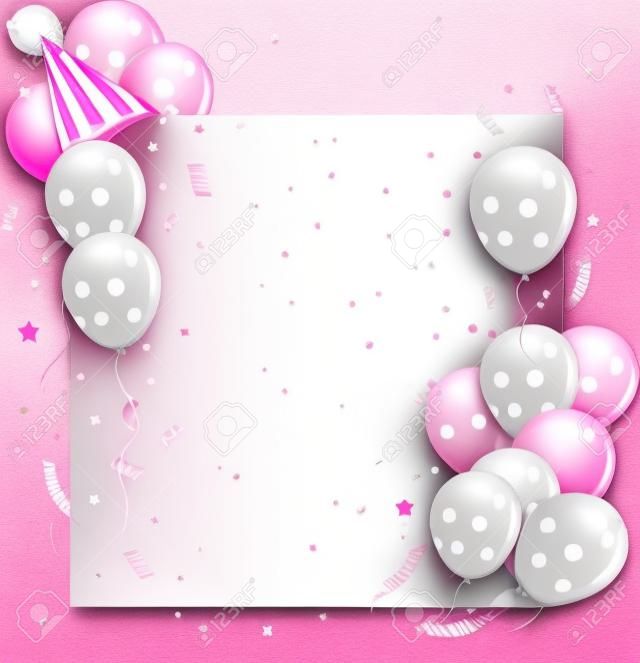 粉红色的生日卡，气球帽子和大量的复制空间。