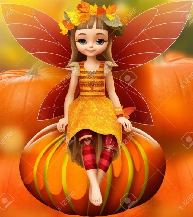 秋天的童話女孩坐在南瓜
