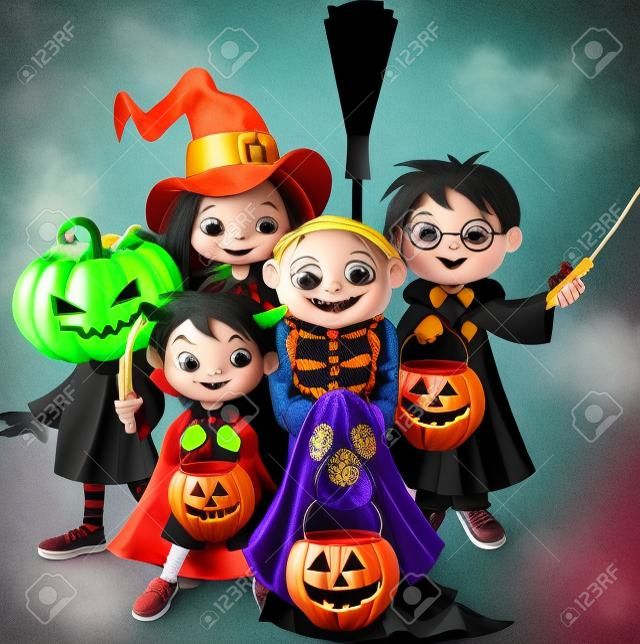 Halloween, dolcetto o scherzetto bambini in costume di Halloween