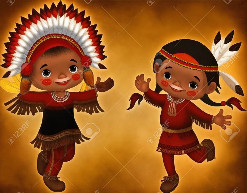 Cute couple of American Indians children dancing 