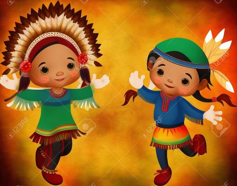 춤 아메리카 인디언 아이들의 귀여운 커플