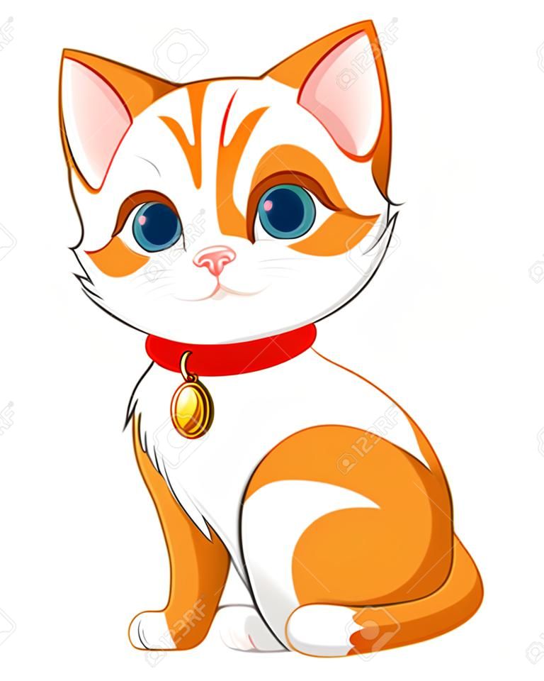 Ilustración del gato lindo que llevaba un collar rojo con la etiqueta de oro