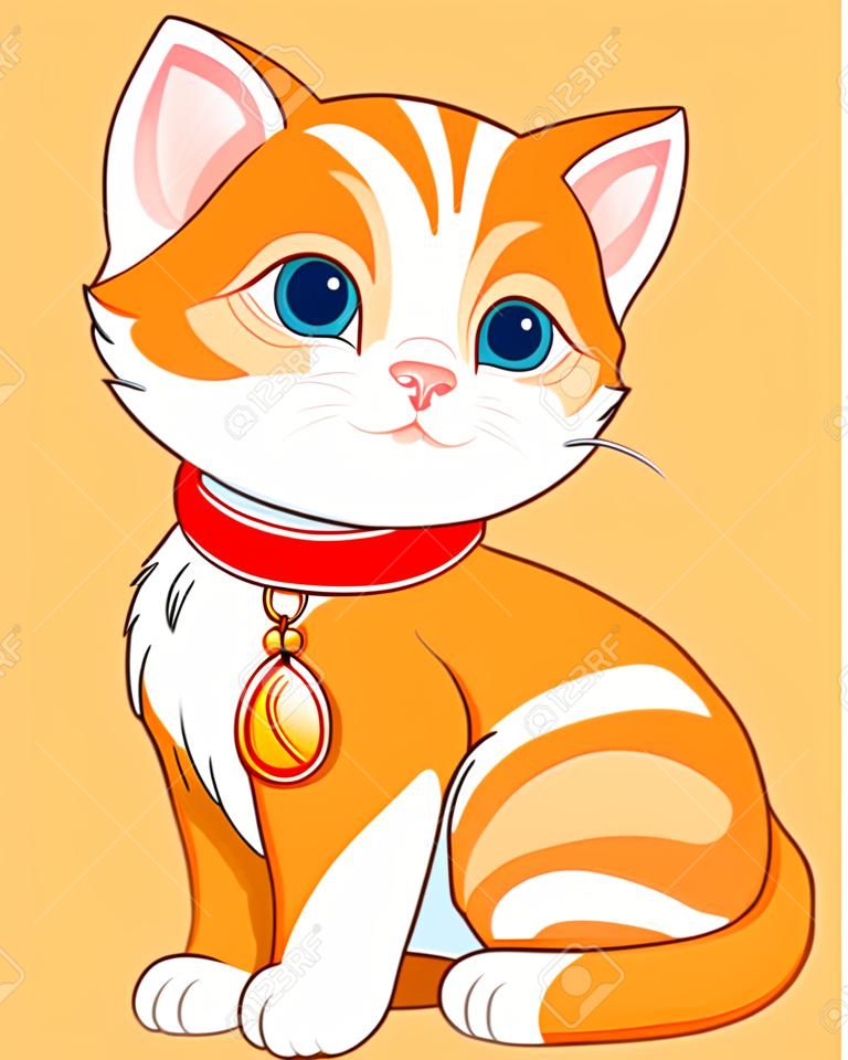 Altın etiketi ile kırmızı yaka giyen sevimli kedi resmi