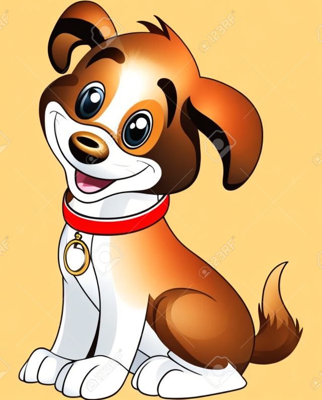 Illustration of cute puppy, wearing a red collar with gold tag 