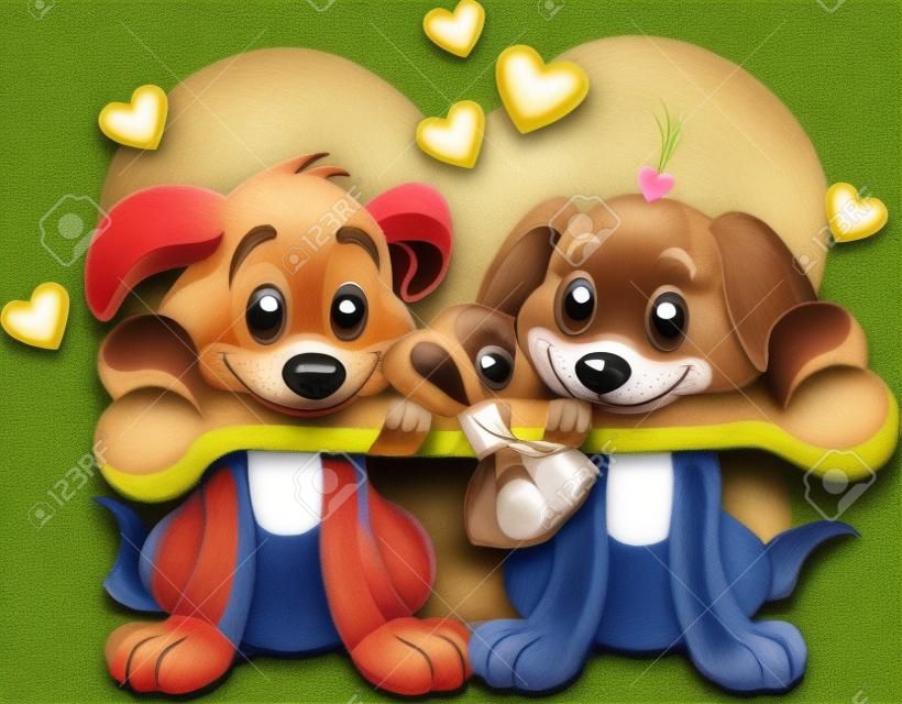 Two Valentine dogs holding decorated bone