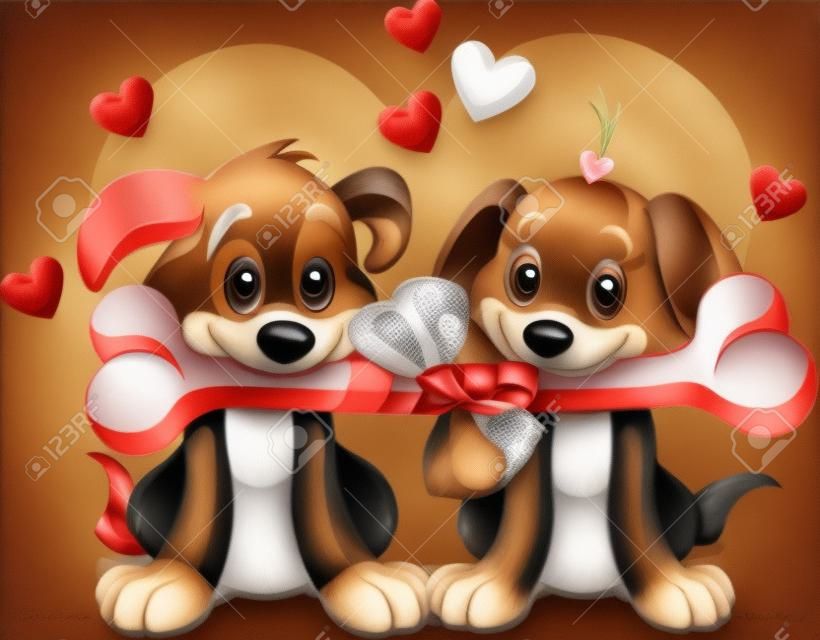 Dwa psy Valentine trzymając zdobione kości