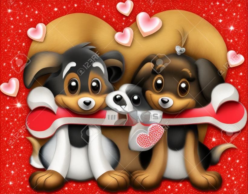 Two Valentine dogs holding decorated bone
