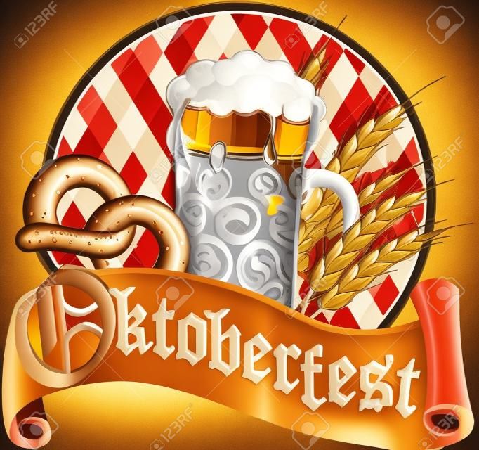 Forma redonda celebración de la Oktoberfest con cerveza, pretzel y wheatears