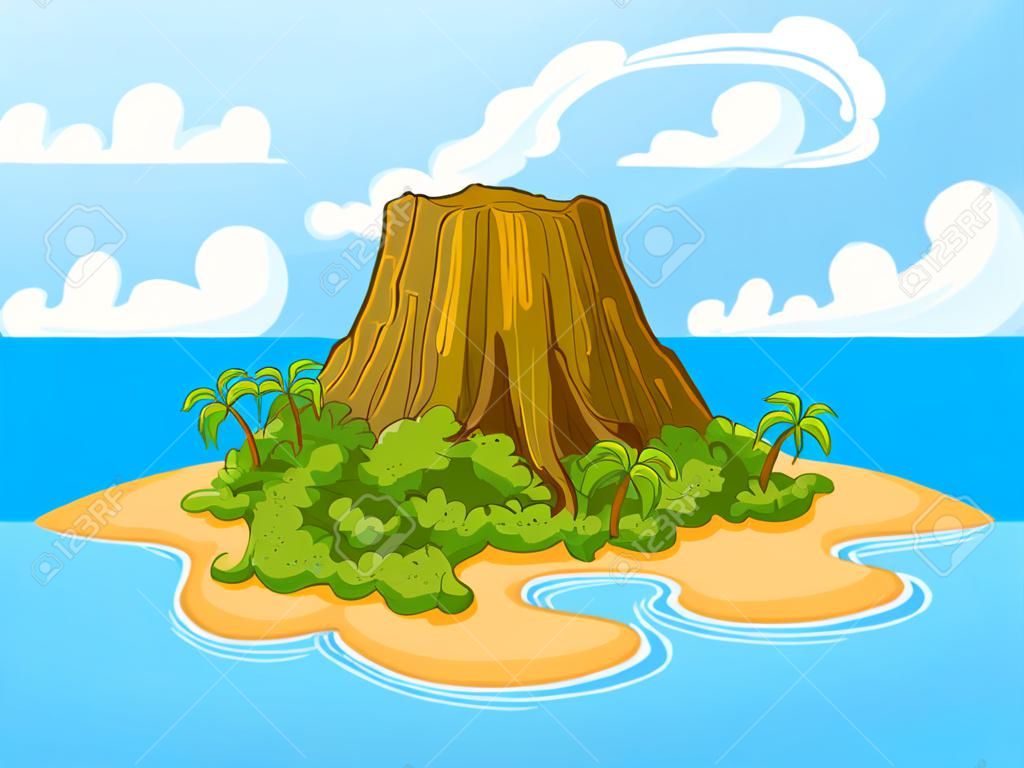 Illustratie van vulkaan op onbewoond eiland