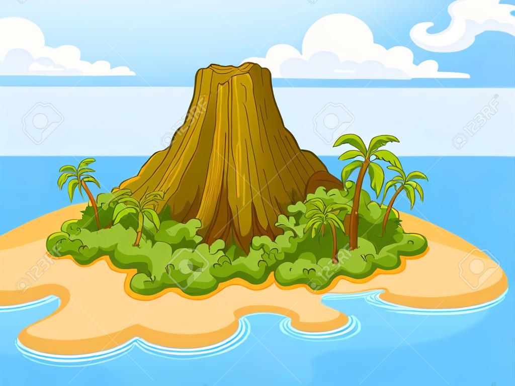 Ilustración del volcán en la isla de desierto