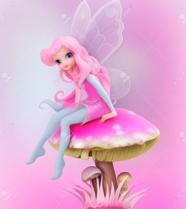 Розовый Фея эльф, сидя на гриб
