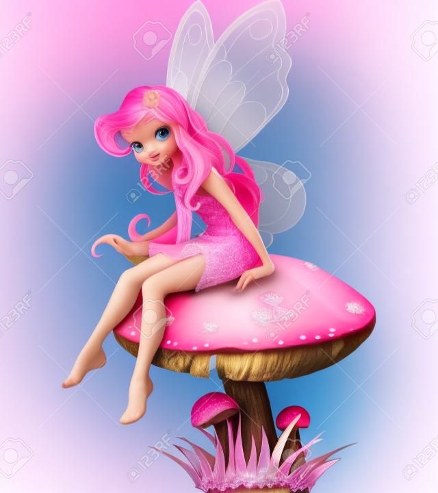 Różowa wróżka elf siedzi na grzyby