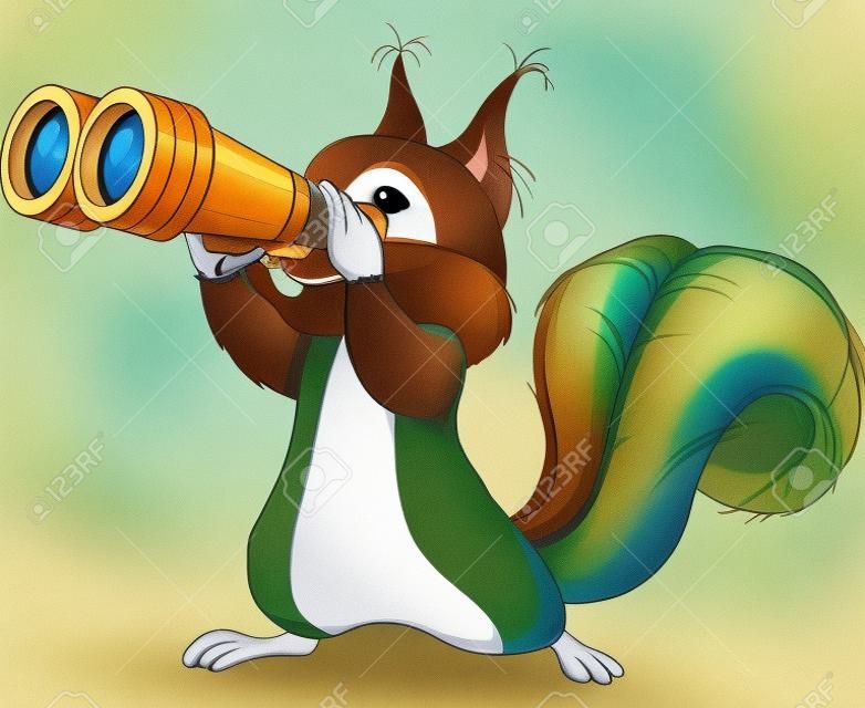 Illustrazione di molto carino scoiattolo sta guardando in binoculare