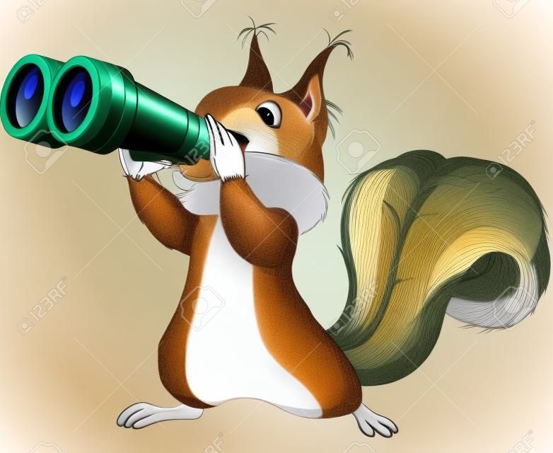 Ilustração de esquilo muito bonito está assistindo em binóculo