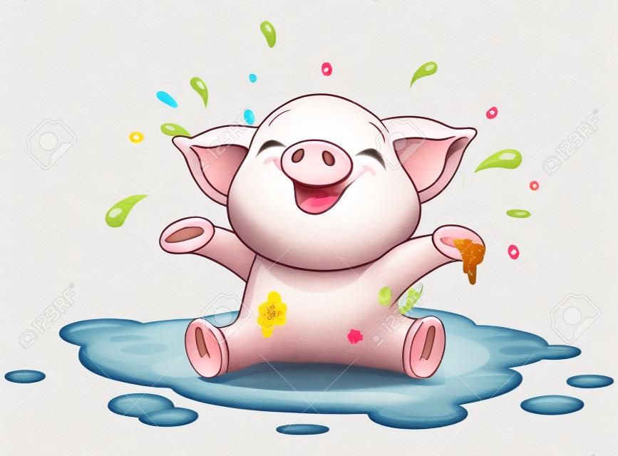 非常可愛的小豬在水坑插圖