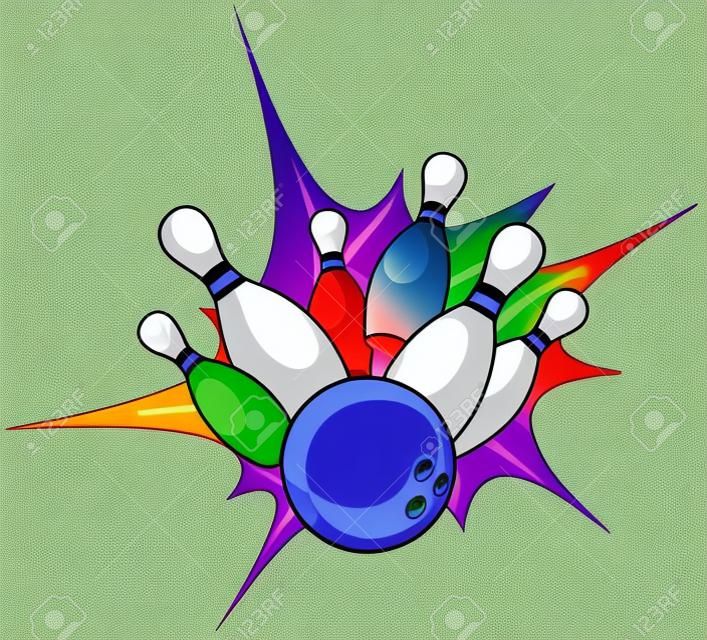 Illustratie van een bowlingbalslag met vallende pinnen