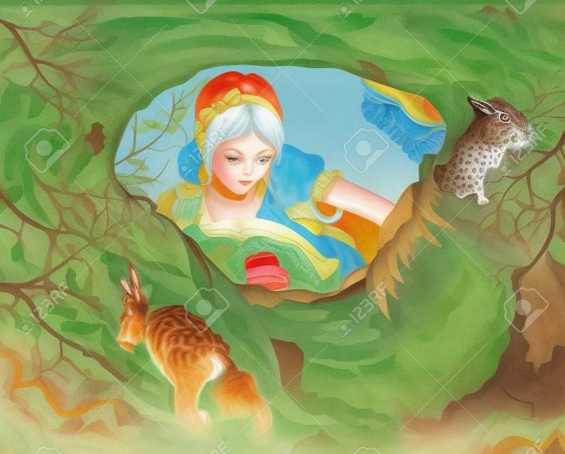 Illustrazione di Alice che guarda al buco lepri