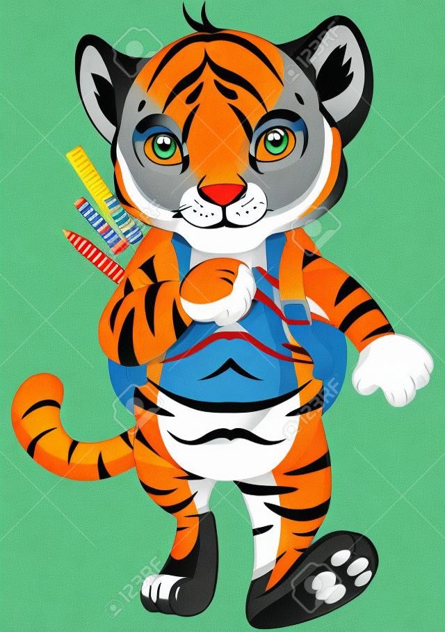 Ilustração de tigre pequeno vai para a escola