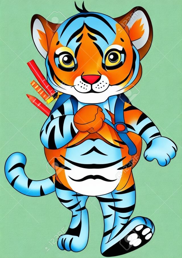 Ilustração de tigre pequeno vai para a escola