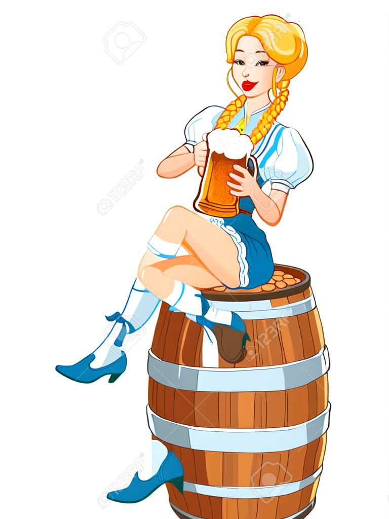 German girl sits on the keg and holds mug