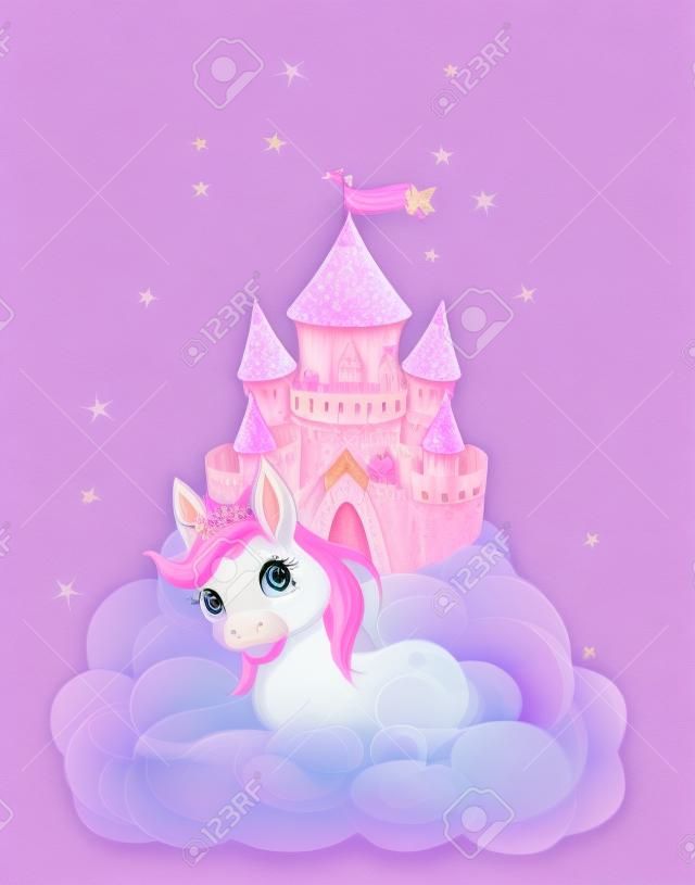 粉紅色的童話城堡和麒麟的插圖