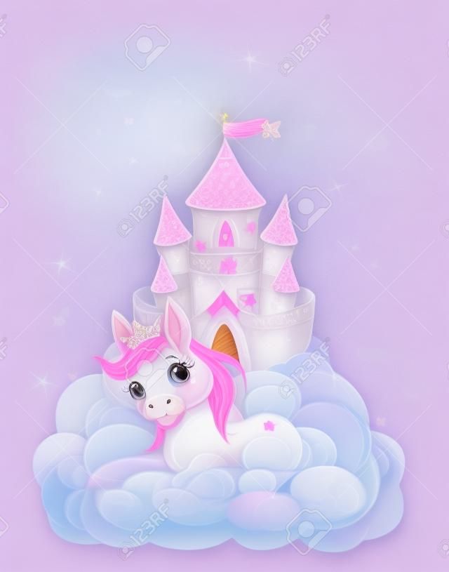 粉红色仙女城堡和独角兽插画