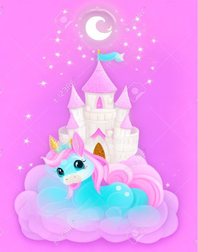 粉紅色的童話城堡和麒麟的插圖