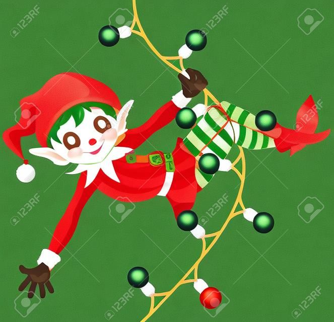 Illustration of cute Christmas elf swinging on a garland