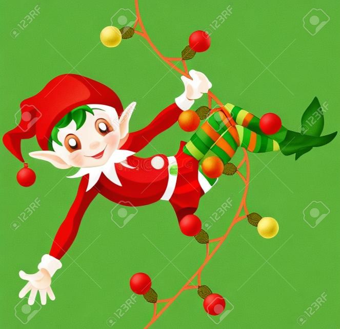 Ilustração de duende de Natal fofo balançando em uma guirlanda
