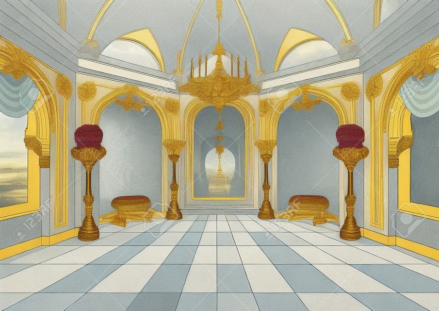 Ilustração, de, palácio, corredor