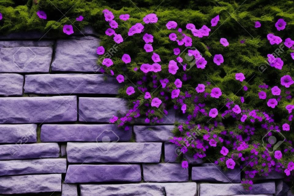 岩の壁に紫の花の広がり
