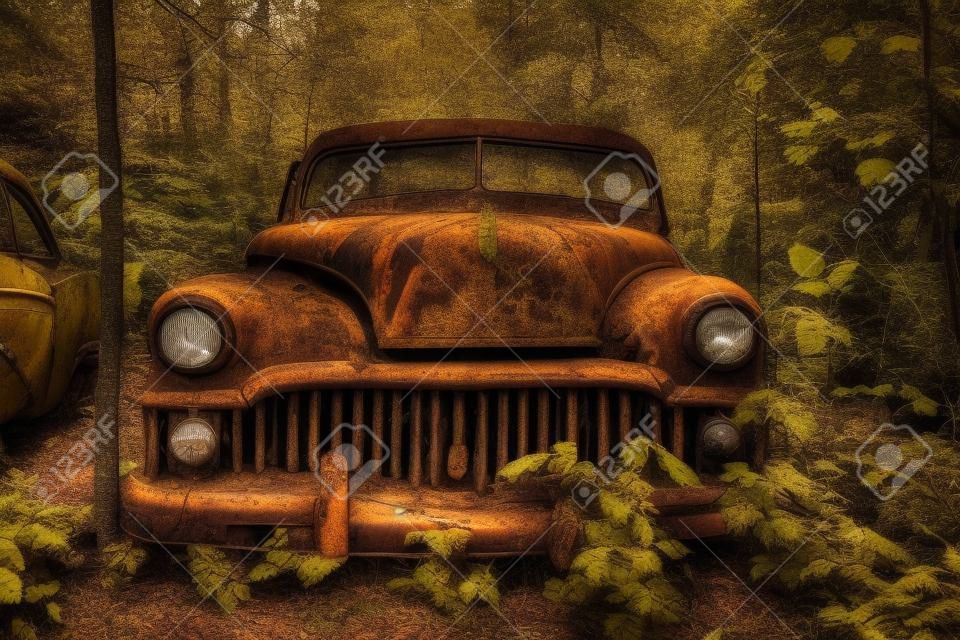 An old rusty car abandoned in the woods