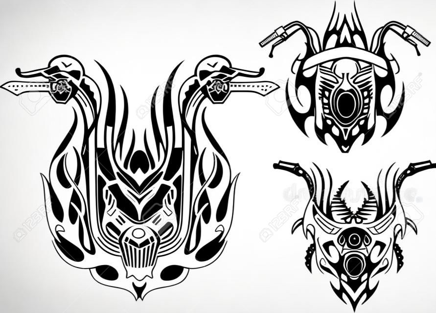 Three wheels of a motorcycle. Tribal bikes. Vector illustration ready for vinyl cutting.