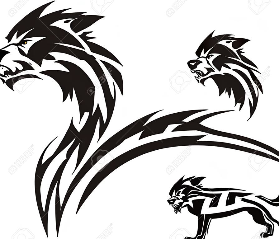 Three drawings of a wolf. Tribal predators. Vector illustration ready for vinyl cutting.