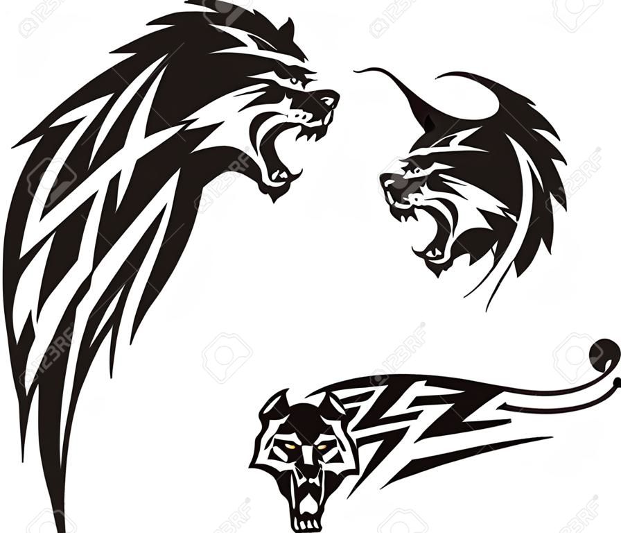 Three drawings of a wolf. Tribal predators. Vector illustration ready for vinyl cutting.