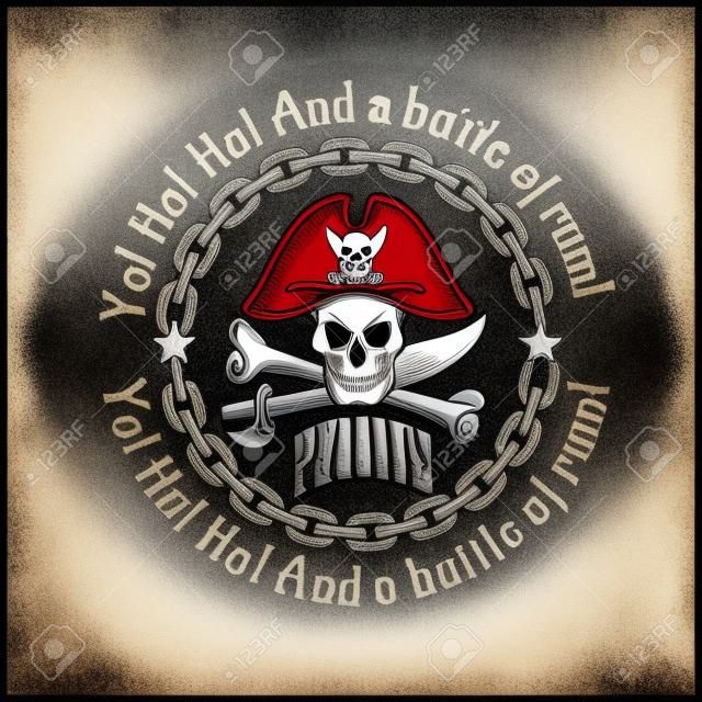 Skull in pirate hat - Jolly Roger  for badges, logos and t-shirt prints. Vector illustration.