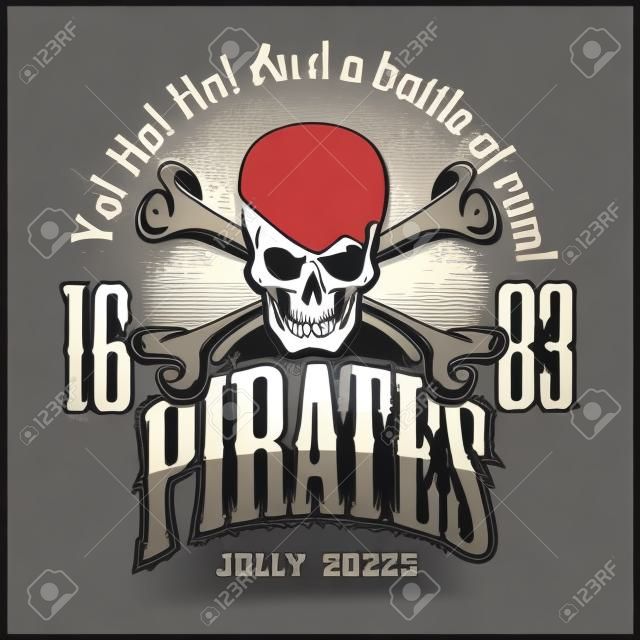 Cráneo en sombrero de pirata - Jolly Roger para copias de insignias, camiseta. Ilustración del vector.