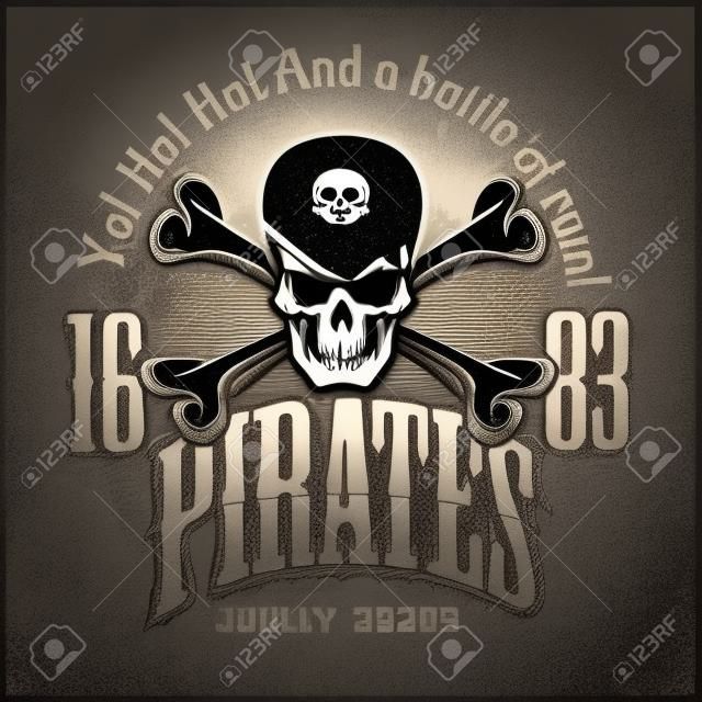 Cráneo en sombrero de pirata - Jolly Roger para copias de insignias, camiseta. Ilustración del vector.