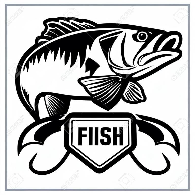 Marchio di pesca. Pesce basso con emblema del club modello. Illustrazione di vettore di tema di pesca. Isolato su bianco.